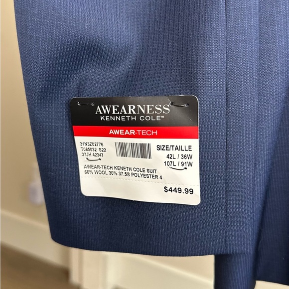 NWT Kenneth Cole Awearness Slim Fit Blazer, blue, size 42L / 36W - Picture 4 of 4